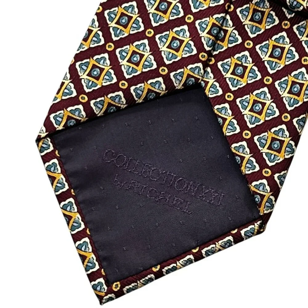 Collection XXI by Richel Men's 100% Silk Tie Burgundy Blue Yellow Geometric 90's